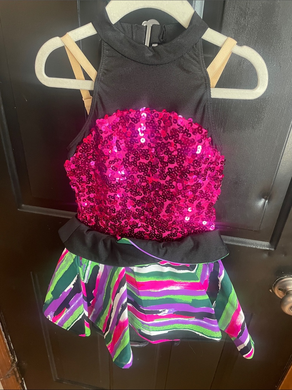 Revolution Kids Dance Costume - Hot Pink Sequin & Multicolor Stripes